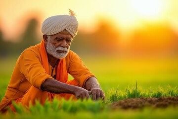 Elderly Indian Farmer Tending to Crops in Field, Practicing Organic Farming