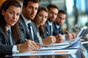 Fototapeta premium Business team analyzing financials documents in a meeting, Generative AI