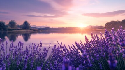 Lavender Field at Sunrise Over a Calm Lake