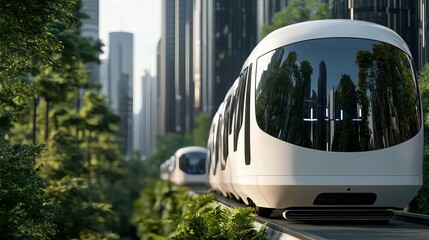 Futuristic eco-friendly train in a green urban environment , 3D illustration