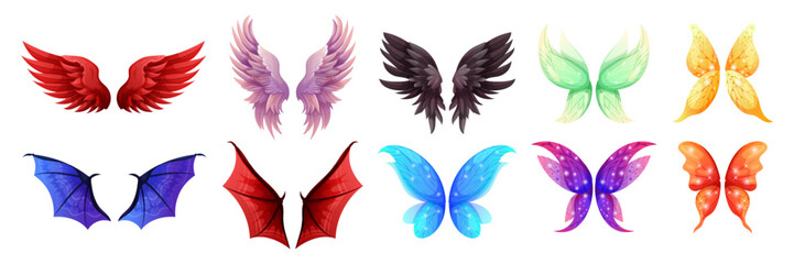 Wing magic cartoon isolated icons. Character element fairy, butterfly and elf, devil, dragon and bat carnival or Halloween costume. Fantasy princess pixie. Graphic game symbol bird. Vector garish set