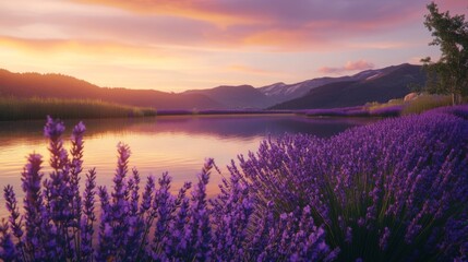 Obraz premium Lavender Field at Sunset with a Mountain Lake in the Background