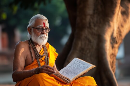 Hindu Sage Deep in Study of Ancient Sanskrit Vedas and Upanishads