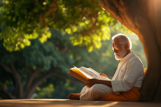 Indian Spiritual Sadhu Studying Upanishads and Vedic Texts in Tranquility