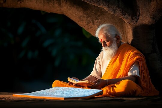 Elderly Hindu Sadhu Reading Ancient Vedic Scriptures Under a Tree