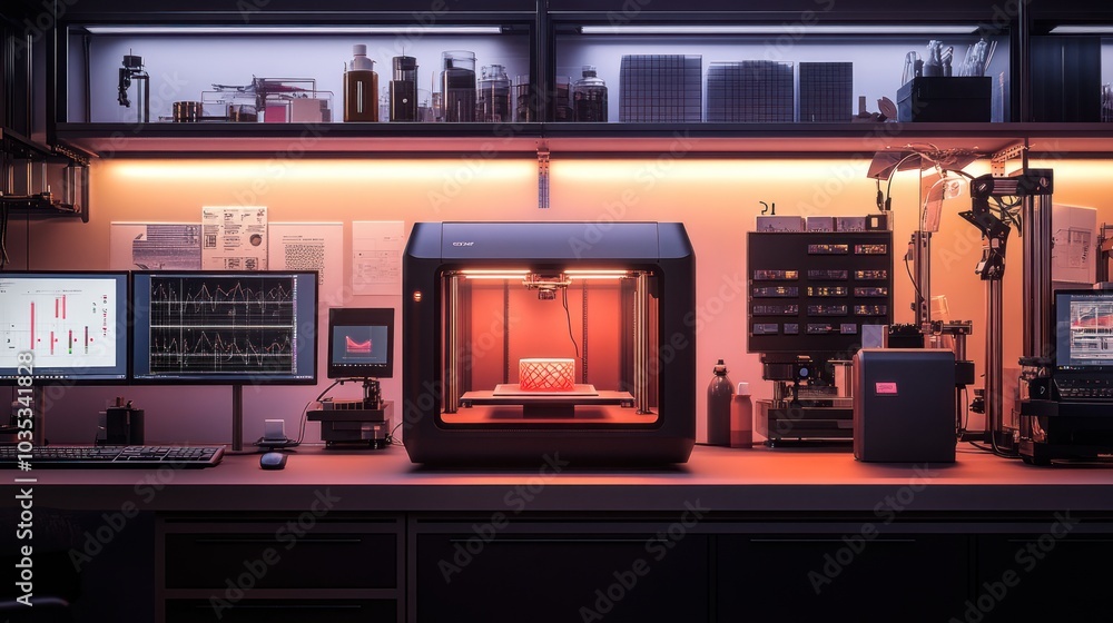 Poster a 3d printer in a modern lab setting