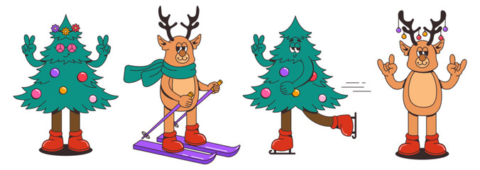 Set of funny retro cartoon christmas tree and deer characters. Vintage Christmas mascot in trendy groovy hippie style. Nostalgic Festive holiday season concept. Vector illustration