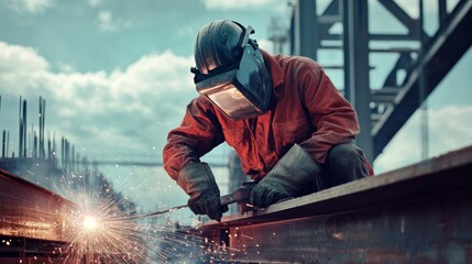 Fototapeta premium A construction foreman overseeing structural steel welding on a bridge construction site, with welding sparks and safety equipment visible, looking at the camera