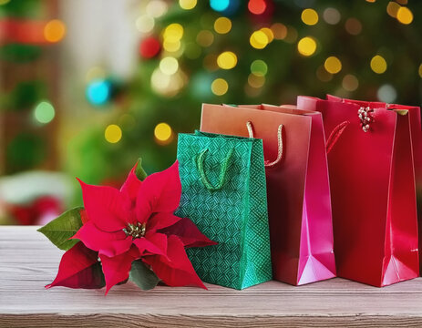 holiday colored Christmas gift bags. poinsettia flower on tabletop, greenery in blurred background AI