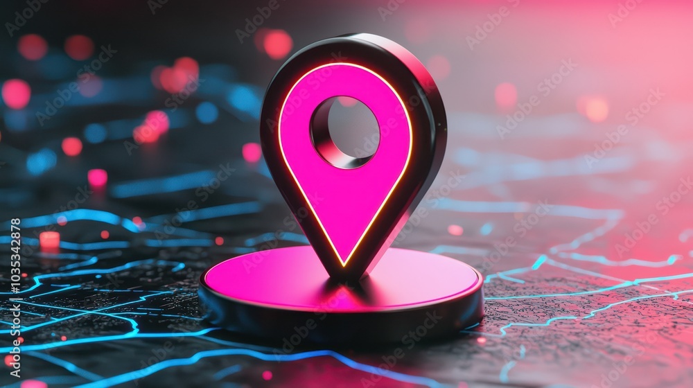 Aufkleber a vibrant pink location pin on a digital map background, symbolizing navigation and geolocation tech