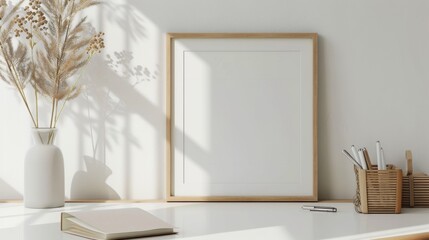 A clean, contemporary desk in a home office with white walls and wood tones. A blank picture frame stands out