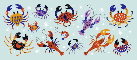 Crustaceans doodle. Sea lobster. Crab or crayfish. Vintage dish pattern. Gourmet seafood restaurant. Luxury food. Retro label with water animal. Color prawn. Vector art tidy cartoon characters set
