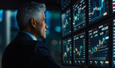 Senior market analyst studying data on computer displays.