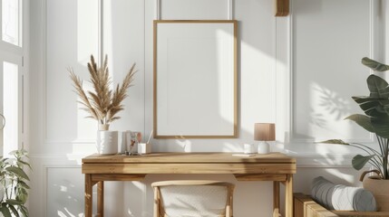 A clean, minimalist desk in a home office with white walls and wood finishes. A blank picture frame is prominently displayed