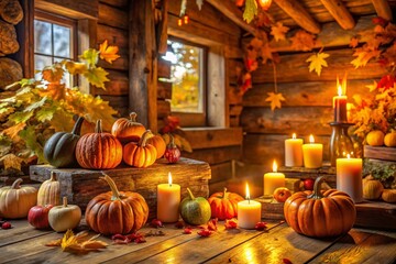 Obraz premium Cozy Autumn Celebration in a Rustic Cabin with Warm Lighting and Festive Decor