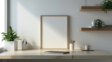 A clean, minimalist desk in a home office with white walls and wood finishes. A blank picture frame is prominently displayed
