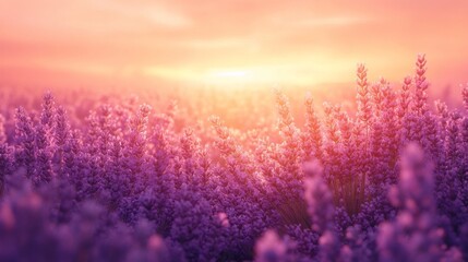 Naklejka premium Lavender Field at Sunset with Soft Light and Vibrant Colors