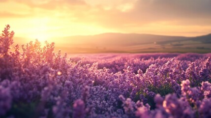 Fototapeta premium Lavender Field at Sunset with Golden Sky