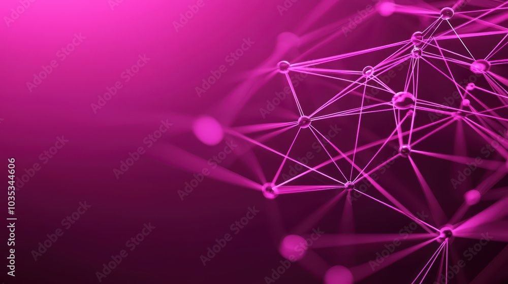 Poster abstract network design with interconnected lines and dots in shades of pink on a gradient backgroun