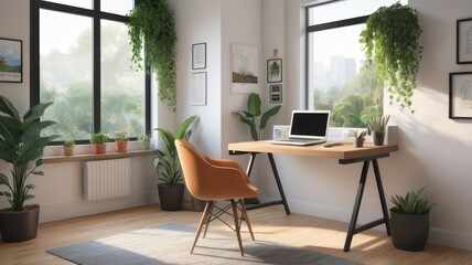 Bright and airy home office with a corner desk, perfect for remote work or study. Natural light streams through the window, illuminating the plants and laptop