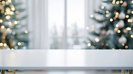 Empty white table with blurred Christmas tree background. Perfect for adding your own festive message or image.