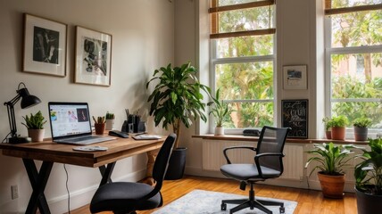 Bright and airy home office with a corner desk, perfect for remote work or study. Natural light streams through the window, illuminating the plants and laptop
