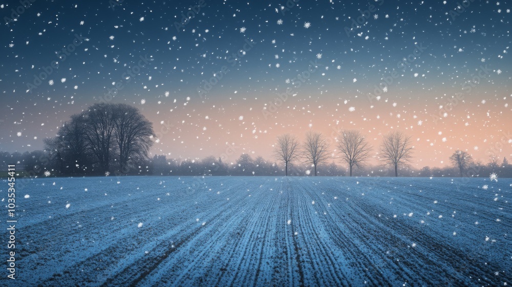 Poster snowflakes gently fall over a tranquil landscape featuring frosty fields and silhouetted trees again