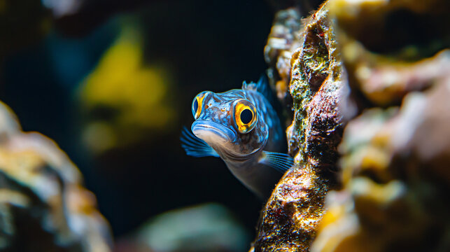 A curious blenny peeking out of a rock crevice