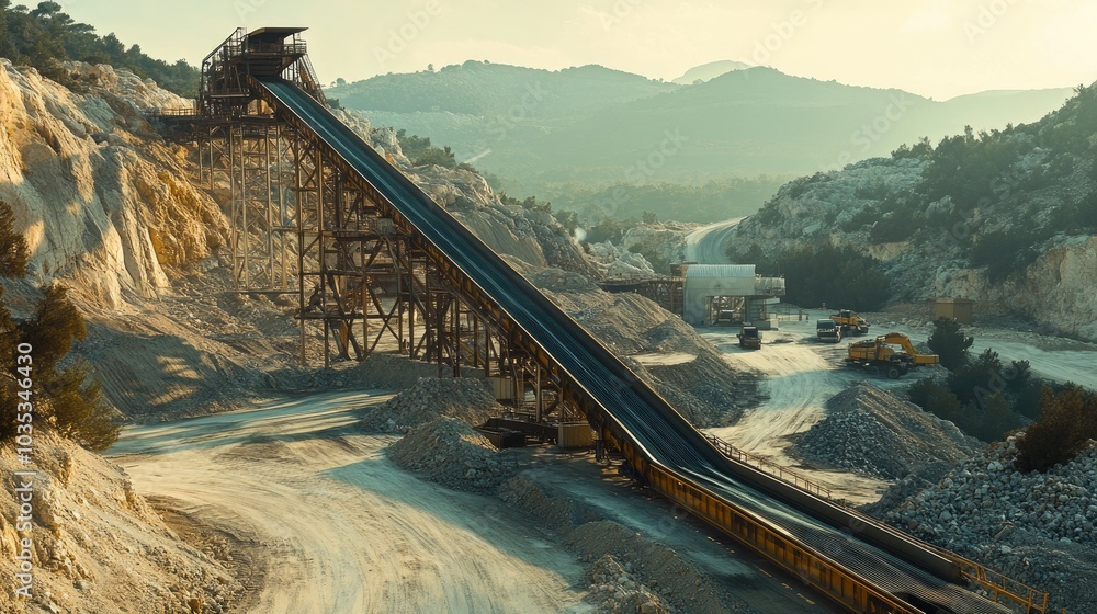 Poster a long conveyor belt in a quarry. shows the process of mining and transporting materials.
