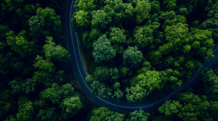 Aerial view of asphalt road through green forest with pine trees, top-down view. Forest Road view from above.