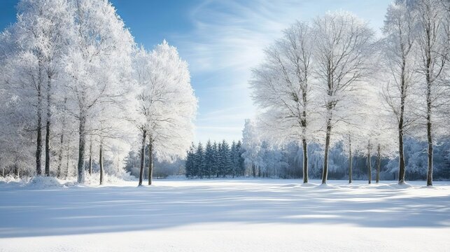 Frosty trees stand in a peaceful winter forest covered in snow. The scene is calm and serene.
