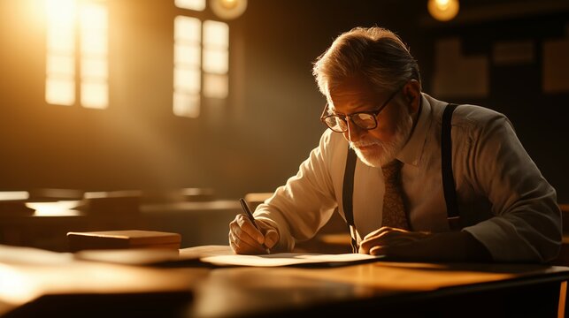 Focused Indian Educator Writing at Desk in Classroom Illuminated by Golden Sunset