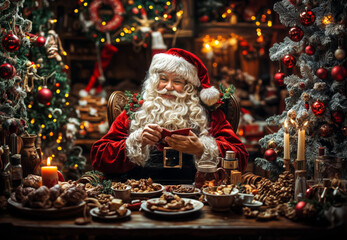 Santa claus relaxing, surrounded by sweets and a christmas tree, reading a pile of christmas wish lists