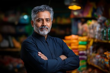 Fototapeta premium Confident Kirana Shopkeeper in India Posing with Pride in His Grocery Business