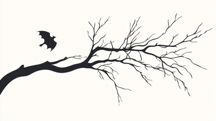 Obraz premium Thin tree branch with a single bat perched, minimalist style, on a white background