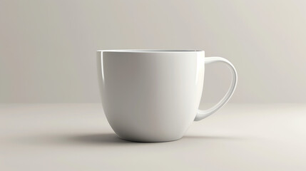 A plain white mug sits on a light gray surface.