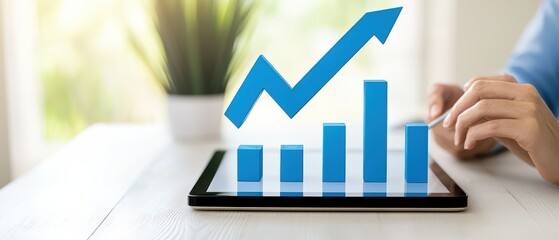 Business analysis with growth chart on tablet, showing progress and strategy in a modern office environment.