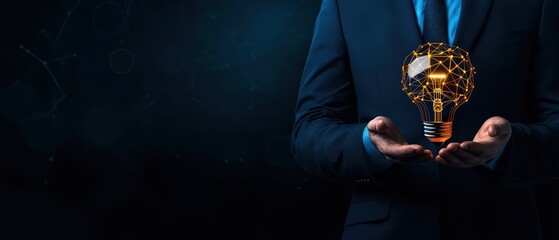 Naklejka premium Businessman holding a glowing light bulb symbolizing innovation against a dark background.