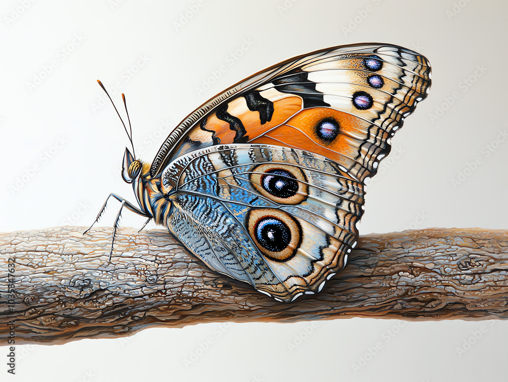 Poster a butterfly perched gracefully on a branch with intricate wing patterns displayed