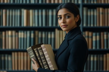 Skilled Female Attorney Holding Law Books in Library, Depicting Legal Knowledge and Focus