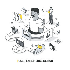 User experience design concept. Designer observing user  needs. Creating product, service that provide meaningful, relevant experience to user. User research, wireframing, interaction design