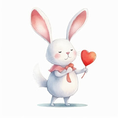 Obraz premium Adorable Watercolor Bunny Holding Heart Balloon, cute,valentine's day,rabbit,love,easter,children's art