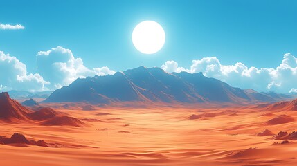 A panoramic view of a vast desert landscape with a bright sun and fluffy clouds in the sky, and mountains in the distance.