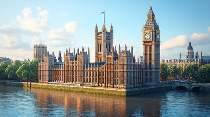 Naklejka premium A scenic view of the Houses of Parliament and Big Ben by the River Thames.