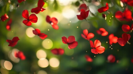Obraz premium dynamic shot of red flower petals caught mid-air, swirling in a gentle breeze.