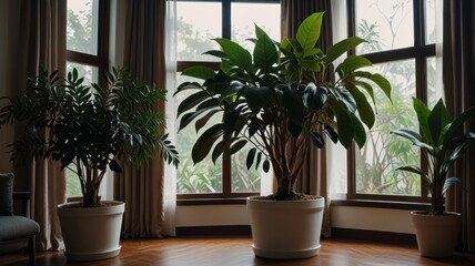 Fototapeta premium Three potted plants stand in front of a large bay window with brown curtains in a modern living room.