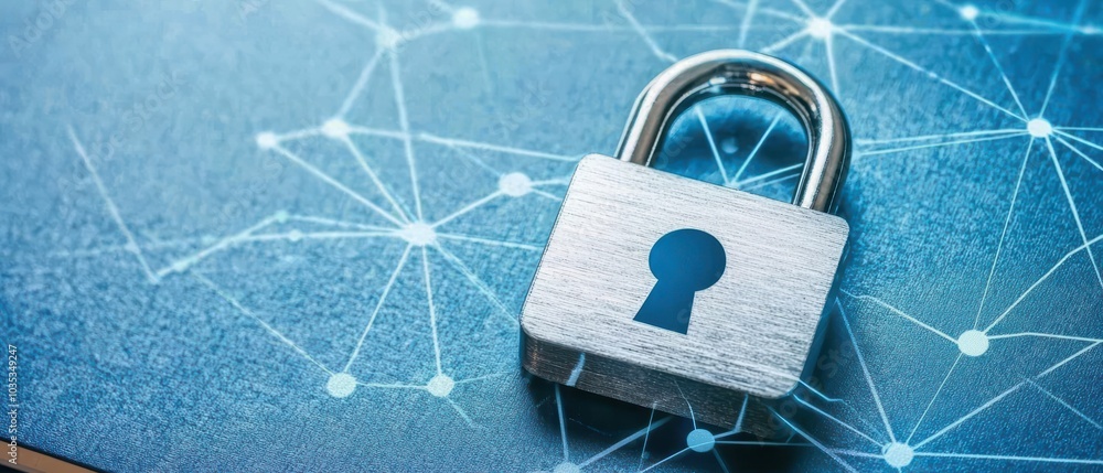 Poster close-up of a metallic padlock on a blue digital background representing security and data protectio