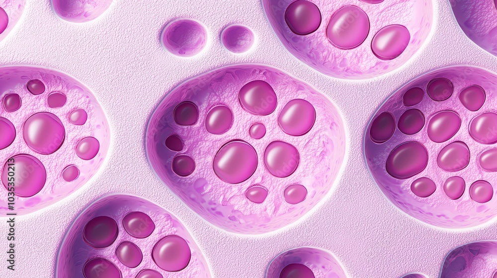Poster close-up of pink cellular structures on a white background, showcasing the unique forms and textures