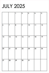 July 2025 month vertical calendar. Simple black and white design