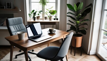 Minimalist desk with open laptop, notebook, and small plant. Perfect for productive remote work environment
